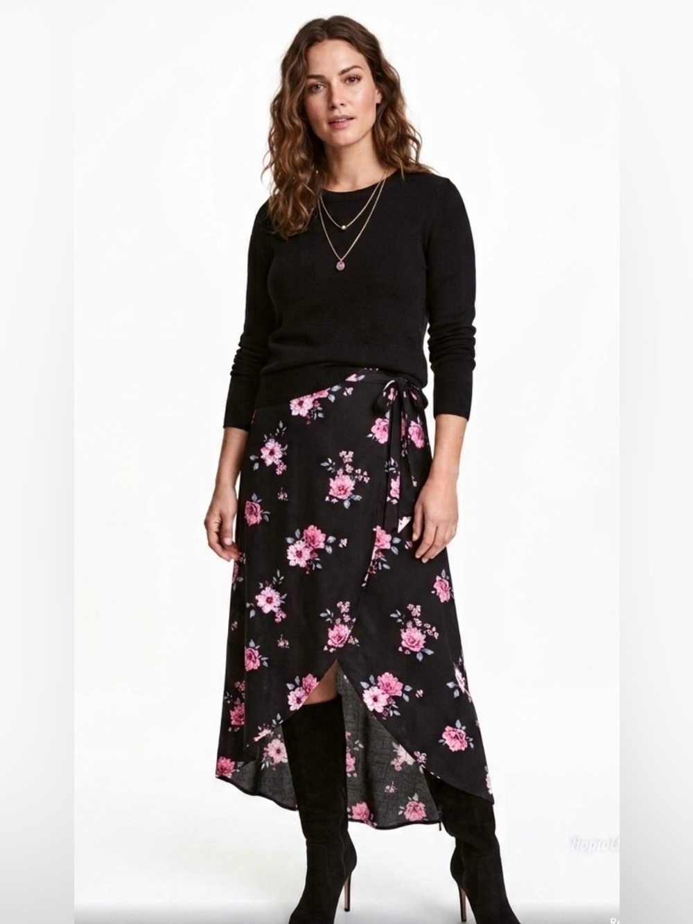H&M Black Maxi Skirt with Pink Floral Print